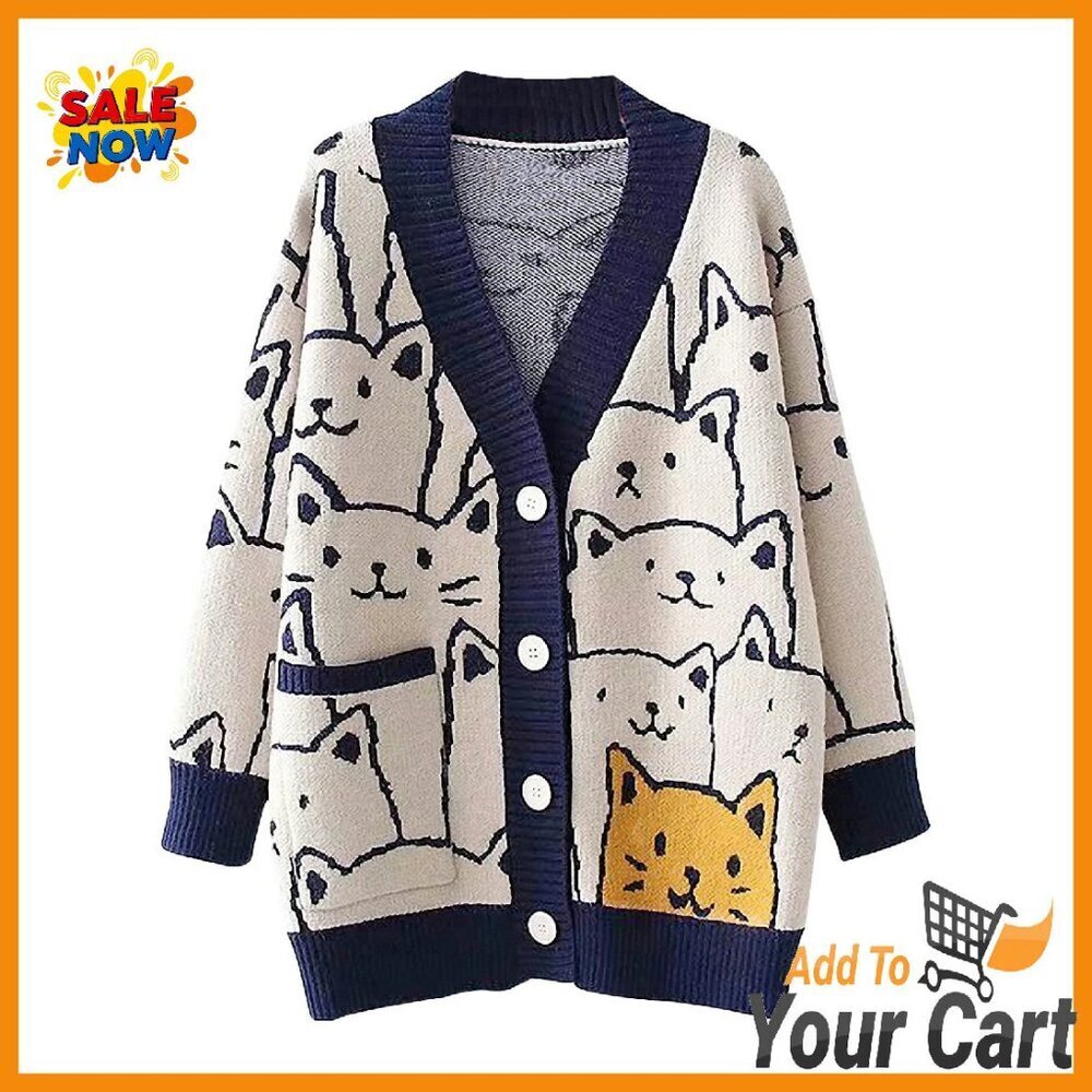 Oversized V-Neck Cardigan with Cat Print, Button Front, Pocket